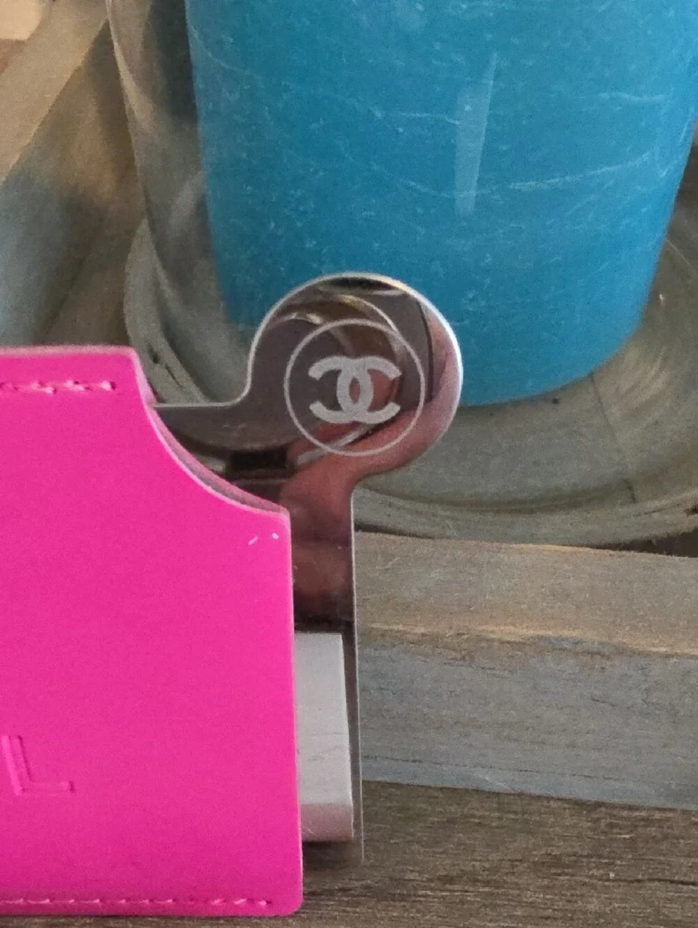 CHANEL Hot Pink Embossed Leather Card Holder With Mirror Insert